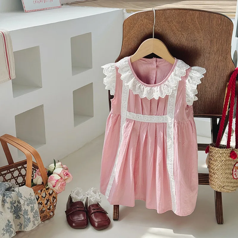 2026 Summer New Girls Lace Ruffle Collar Pleated Dress Fly Sleeve Sweet Kids Princess Dress