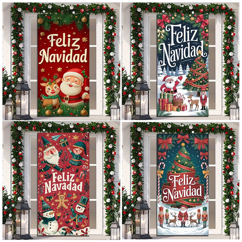 

Spanish Merry Christmas Theme Door Cover Decoration Background Santa Claus Reindeer Backdrop Indoor Porch Banner Party Supplies
