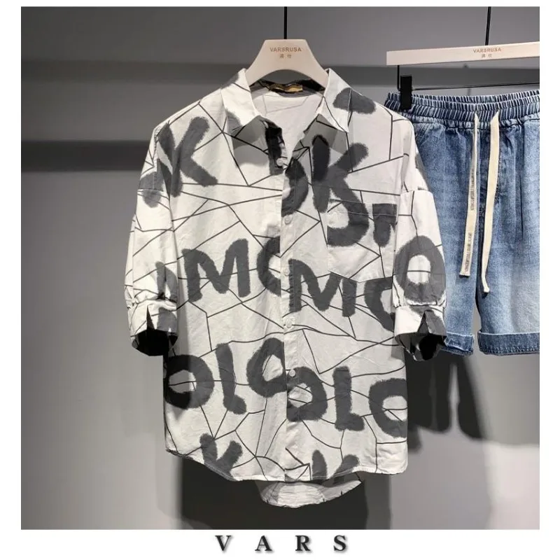 Trend Originality Personality Street Casual Letter Graffiti Line Versatile Loose Handsome Thin Style Men's Shirts Summer 2024