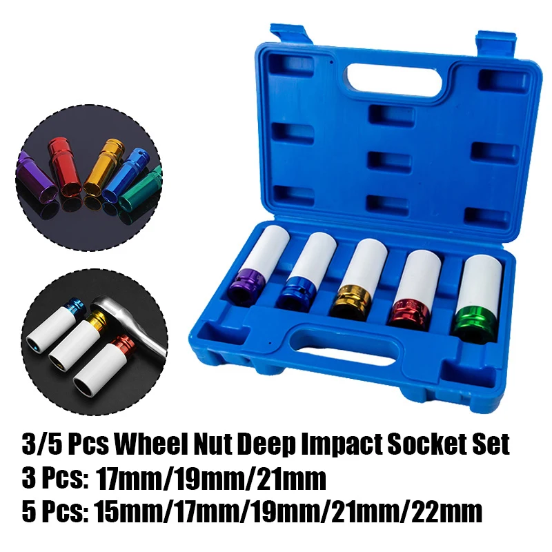 3/5Pcs 1/2 Inch Drive Wheel Protector Impact Socket Impact Sleeve Set 15mm 17mm 19mm 21mm 22mm Car Wrench Tire Screw Hand Tools