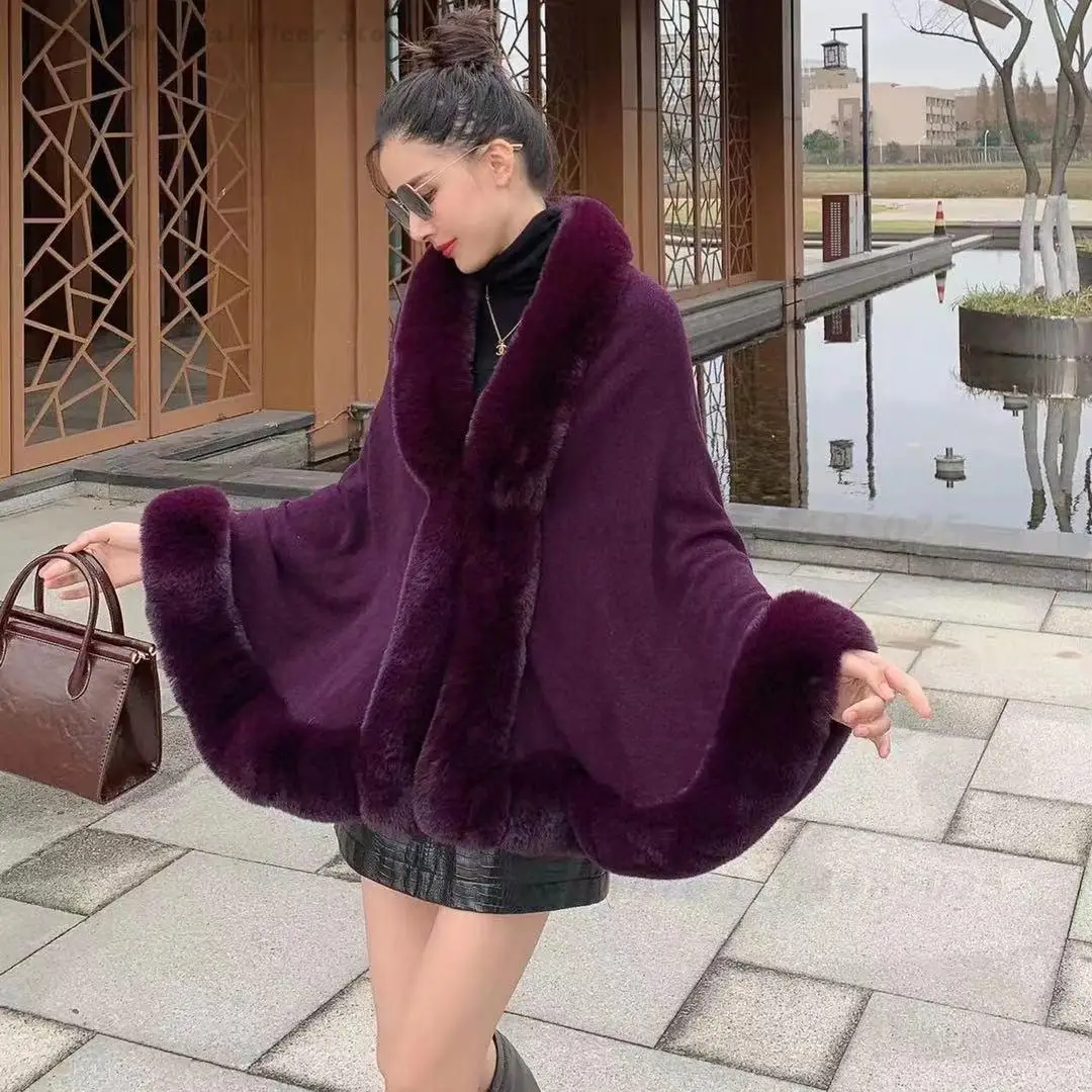 Fall Winter New Women Oversized Knit Cape with Faux Rabbit Fur Collar 60-80Cm 670G Heavy Warm Plus Size Poncho Shawl Coat - view 3