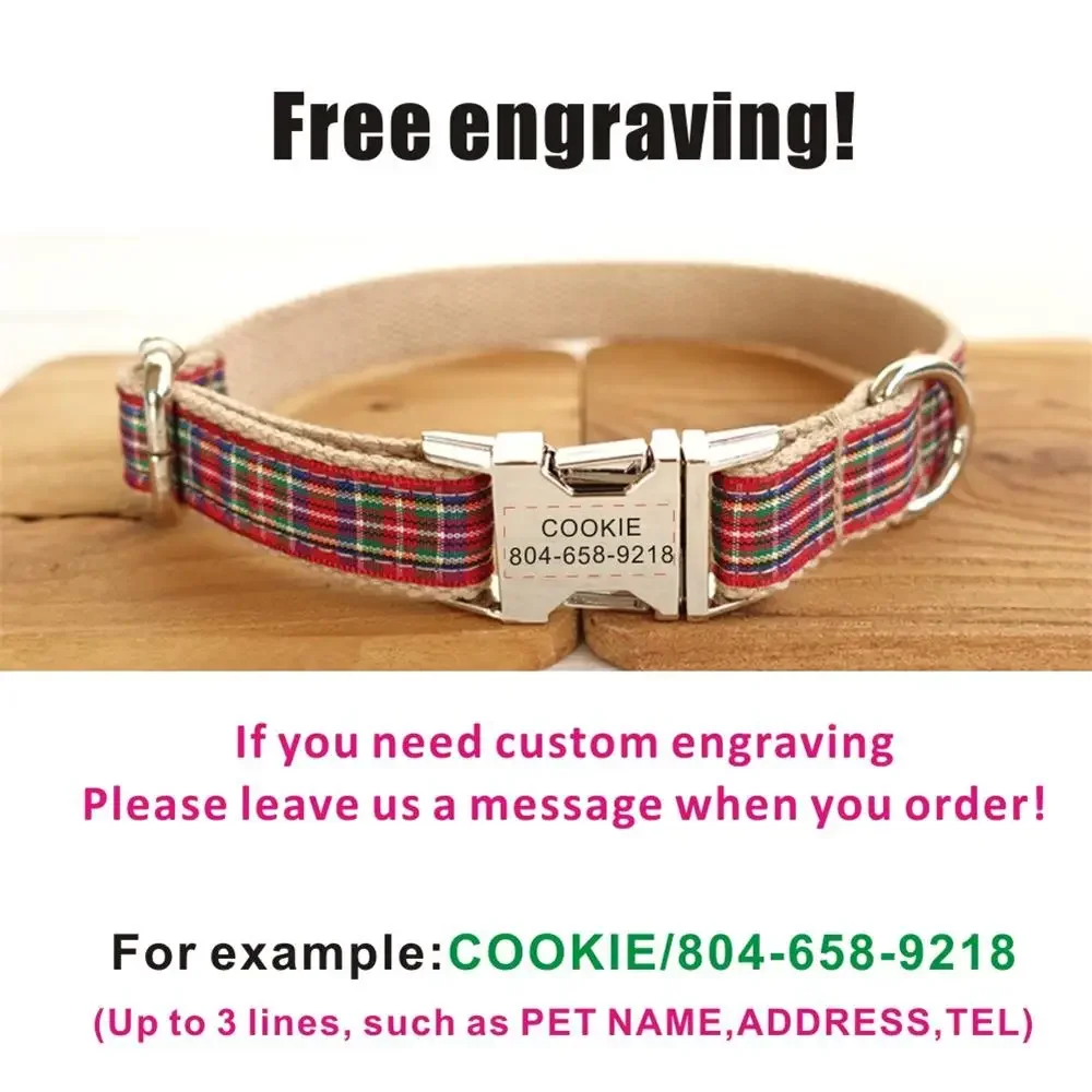 Personalized Dog Collar with Free Engraving, Matching Pet Leash,Customzied Contacts Metal Buckle,Red Plaid Pet Collar