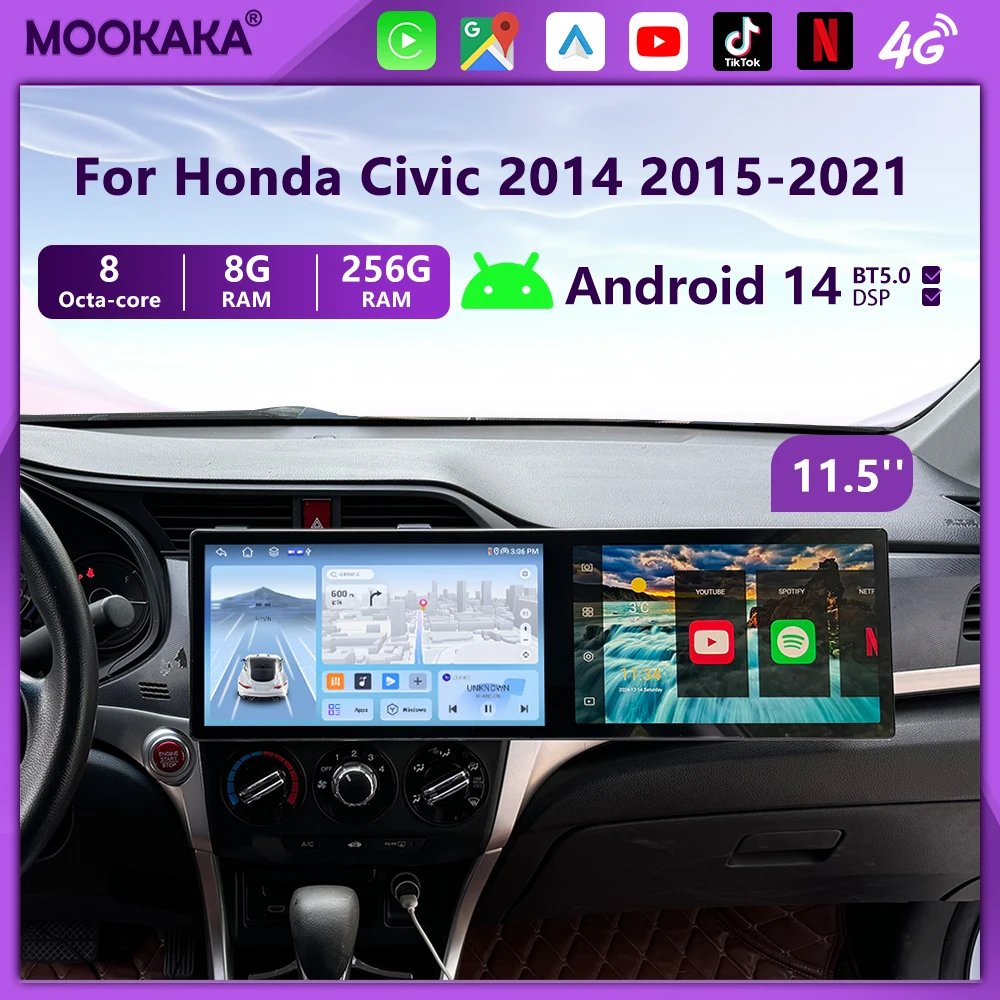 

11.5'' 7862 Android14 Car radio For Honda Civic 2015-2021Tesla Style Multimedia player Carplay GPS navi Stereo 4G SWC Autoradio