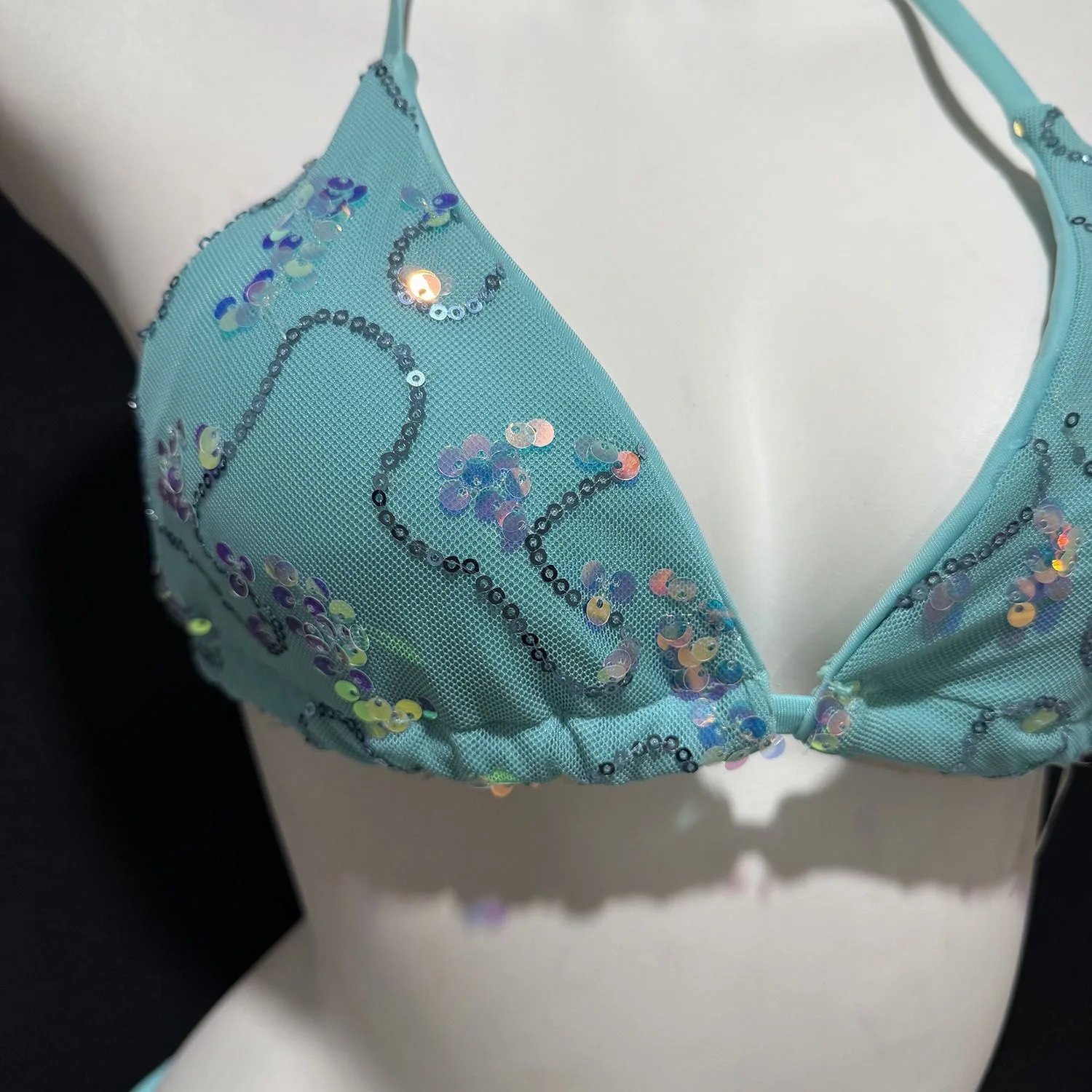 Turquoise Iridescent Sequin Mesh Bikini Set Women Halter Side Tie Swimwear Summer Beach Pool Bathing Suit