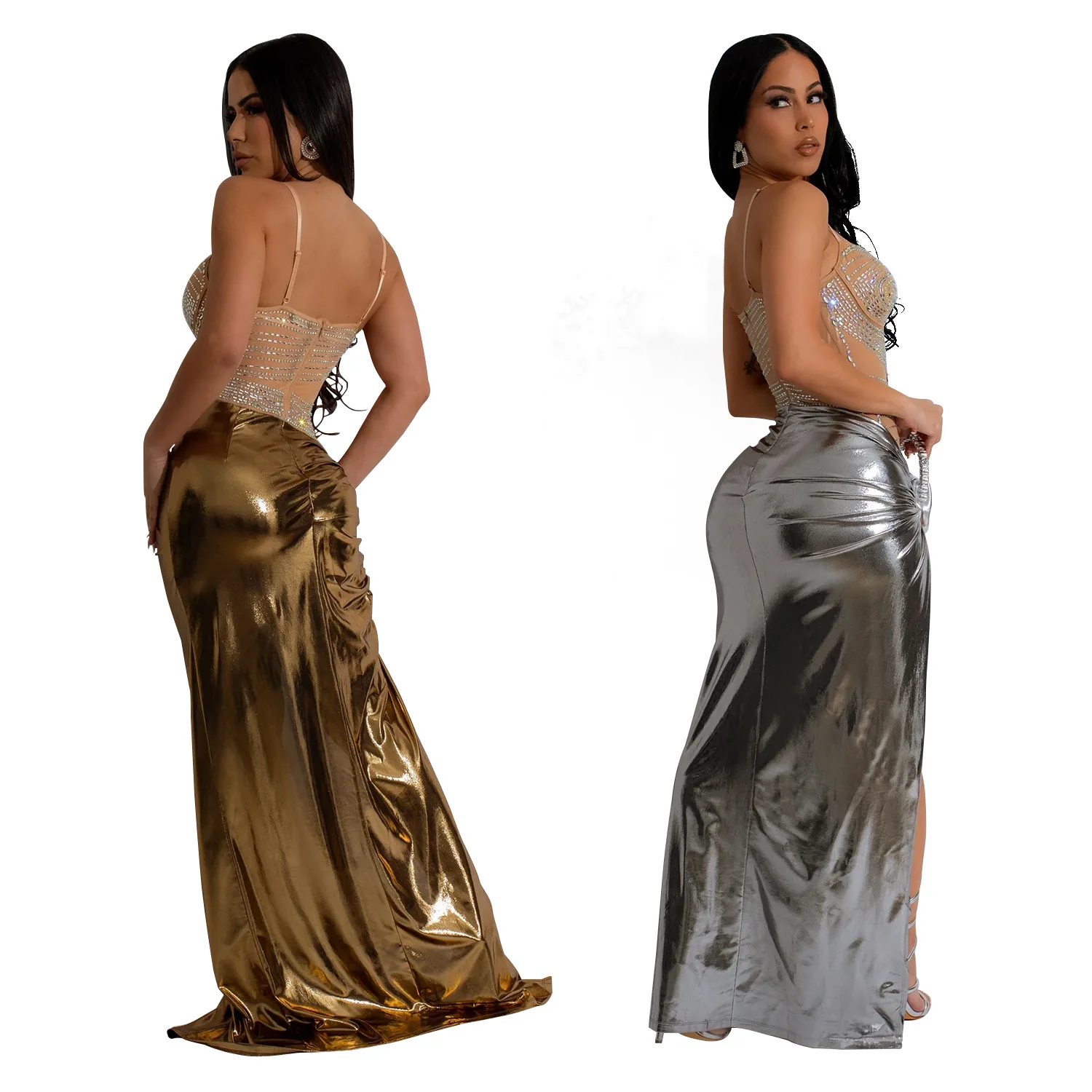 

Faionable See-tough High Slit Diamond-embellied Women's Dr Cleanfit Mid-waist Polyester Bodycon Skirt Ciwalk