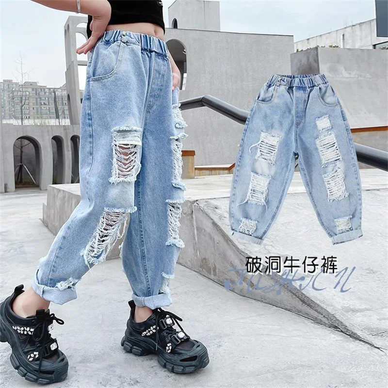 Jeans for Girl Spring Broken Holes Kids Jeans Fall Teen Fashion Girls Wide Leg Pants Summer Children's Clothes 6 8 10 12 14 Year