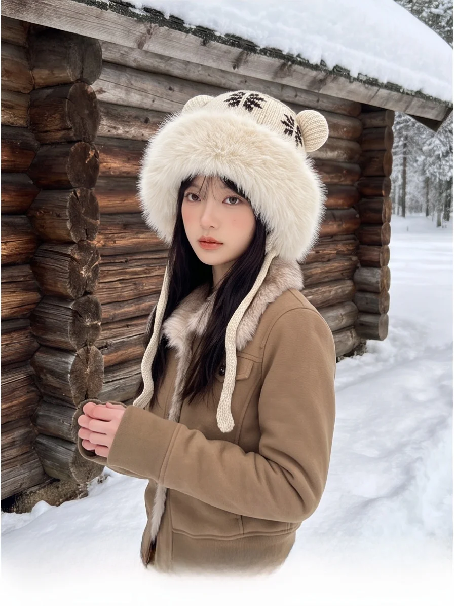women's-furry-hat-winter-warmth-anti-cold-beautiful-unique-knitted-cap-ear-protection-casual-style-foldable-thickened-cotton