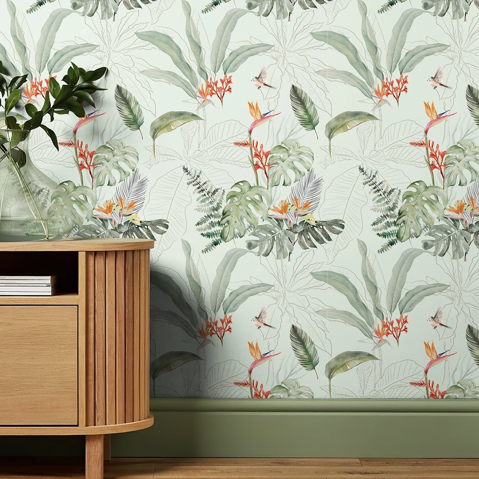 Light Green Botanical Birds Wallpaper Peel and Stick Waterproof Fresh Decor for Living Room Chic Leaves Bathroom Wallpaper