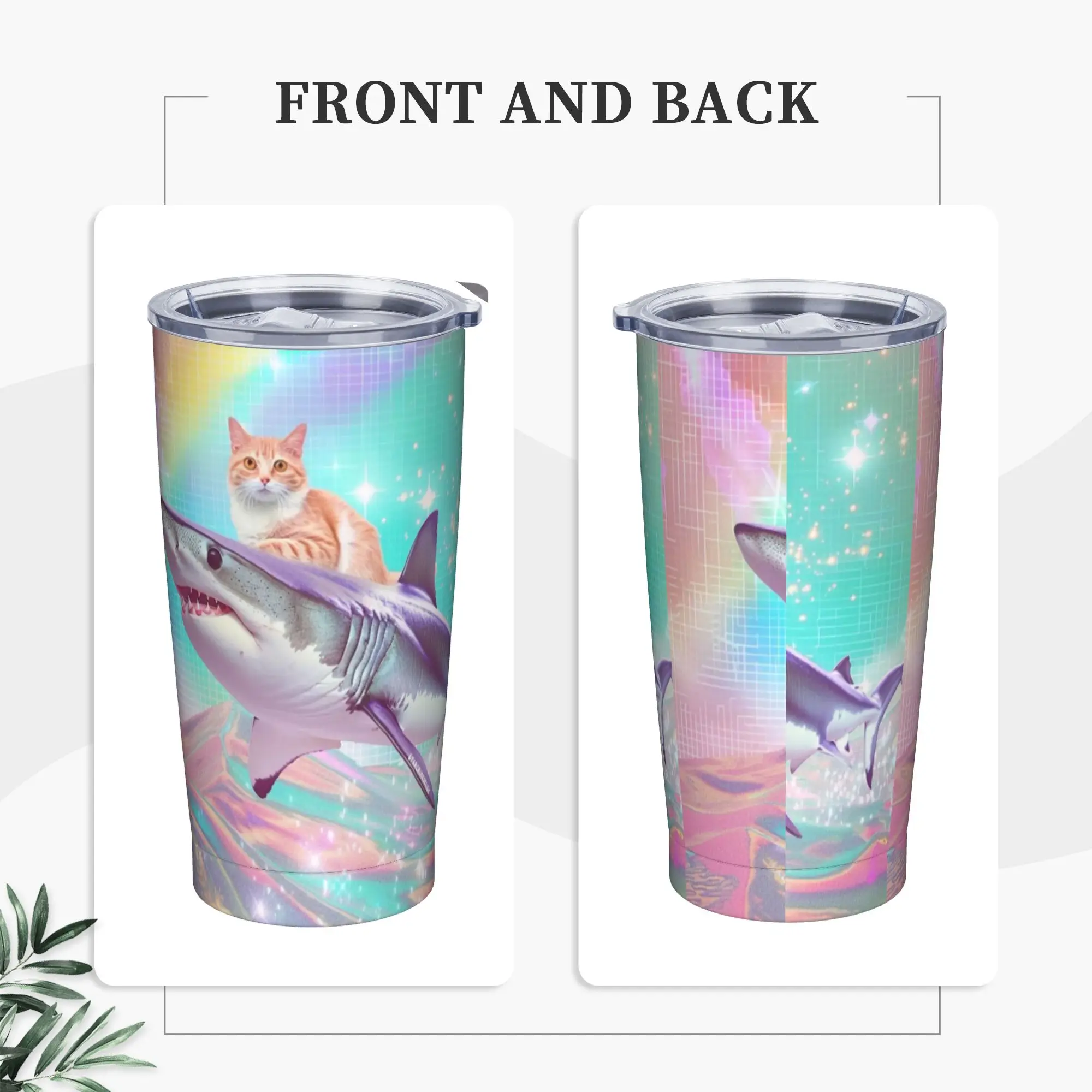 Cat Riding A Shark Frutiger Aero Tumbler Vacuum Insulated  Coffee Cups Vacuum Flask Double Wall Mug Hot Cold Drink, 20oz
