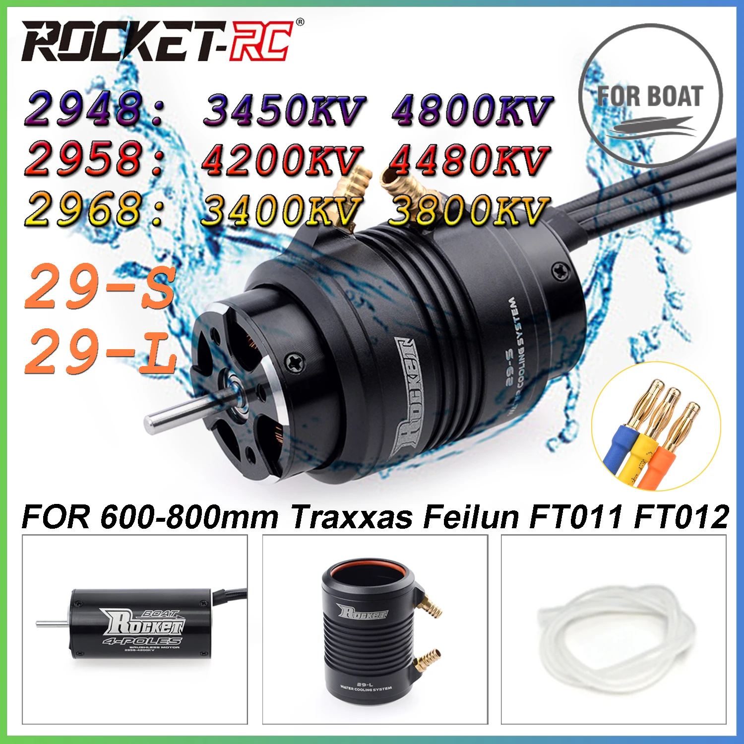 Motor sin escobillas Rocket-RC 2948/2958/2968 resistente al agua con camisa de refrigeración por agua 29-S 29-L para barco RC de 600-800 mm Traxxas Feilun FT011