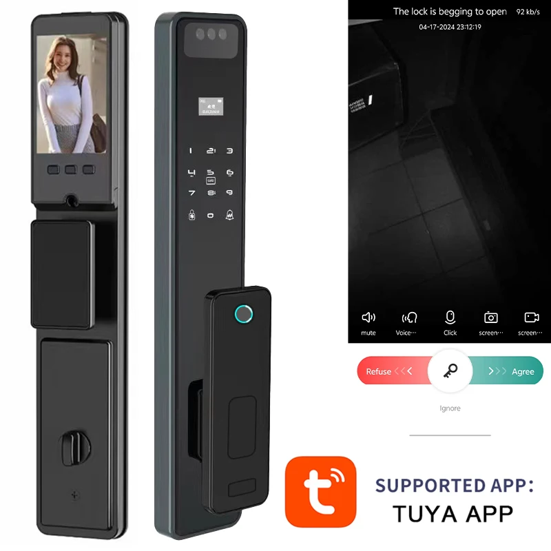 Tuya Voice intercom 3D Facial Recognition App WIFI Password Fingerprint Card Portable Visual Doorbell Electronic Door Lock