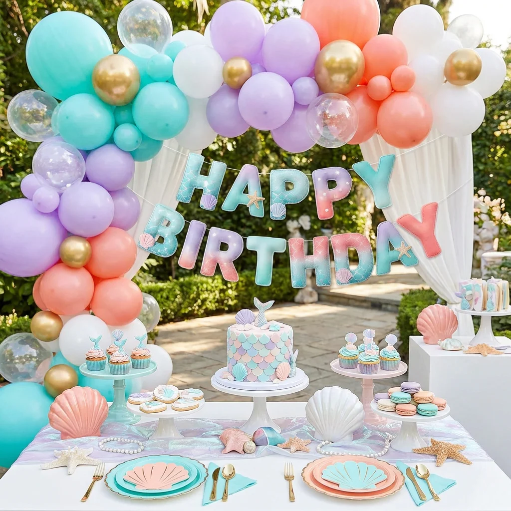 2D Filz-Banner Meerjungfrauen-Thema Ozean Geburtstagsparty Flaggen-Dekorationen für Kinder Sommer Unterwasser Babyparty Mädchen Prinzessin – Detail 4