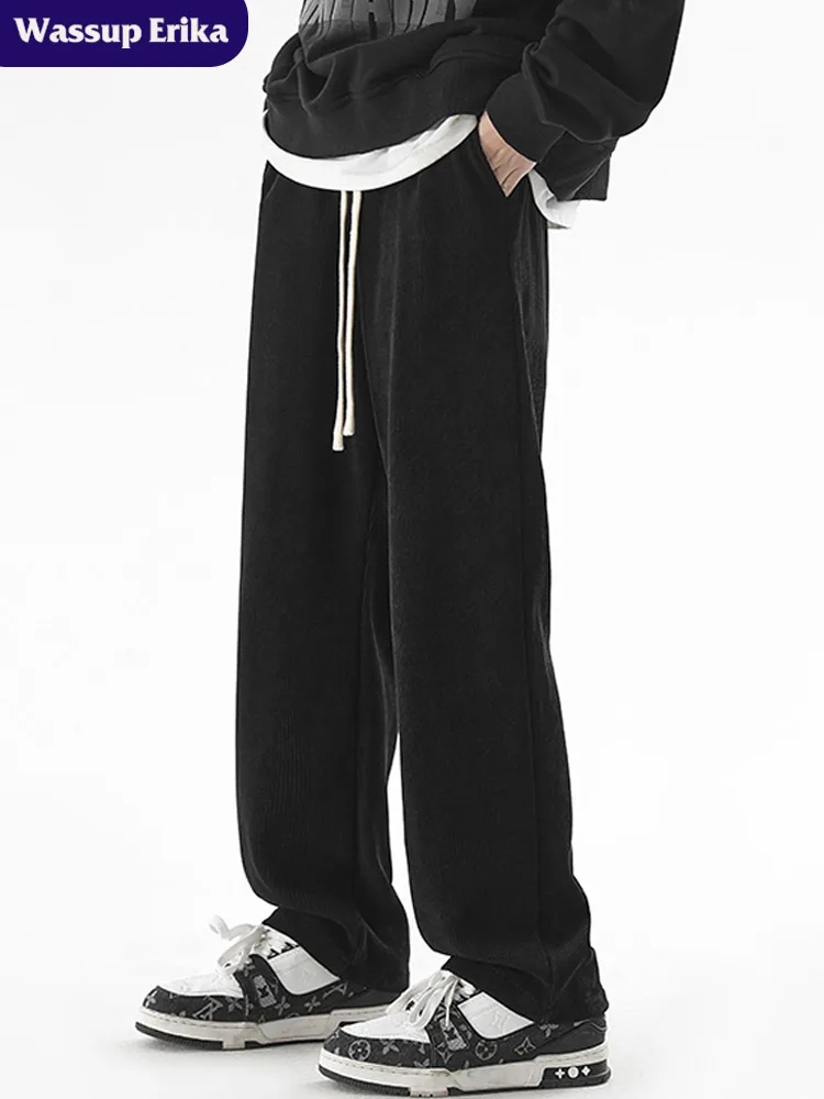 

Wassup Erika Men's Straight Leg Casual Pants Autumn Spring Drapey Heavyweight Versatile Spor Trousers Loose Fit Elastic Waist