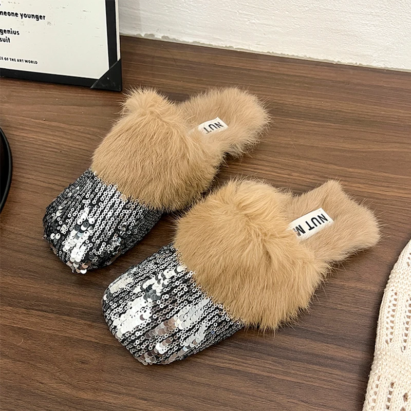 النساء بلينغ رقيق النعال الشقق قصيرة أفخم أحذية قطنية البغل أحذية صناديل للنساء شتاء 2025 الاتجاه Slingback الوجه يتخبط Mujer