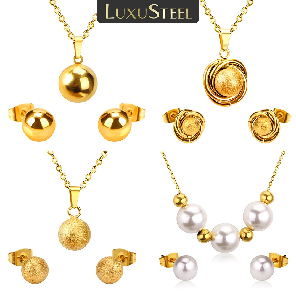 LUXUSTEEL Stainless Steel Round Ball Pendant Necklace Earrings For Women Fashion Dubai Golden Color Jewelry Sets Bride Wedding