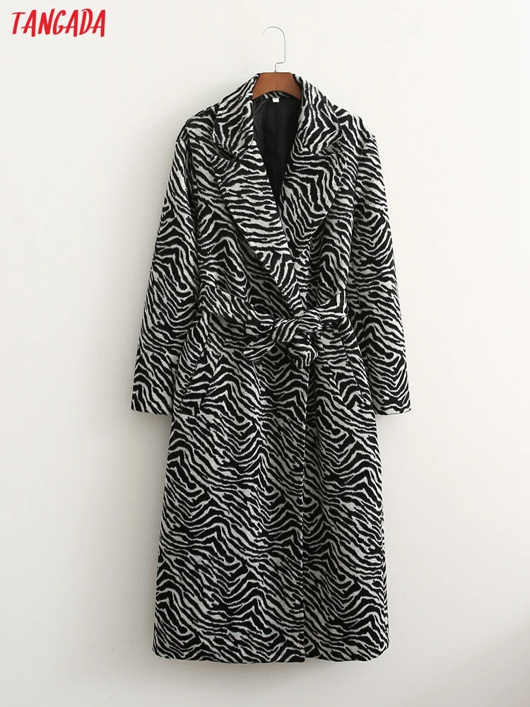 Tangada 2021 Winter Women Zebra Woolen Coat with Belt Warm Thick Double Breasted Elegant Long Sleeve Coat Female Overcoat 1D82