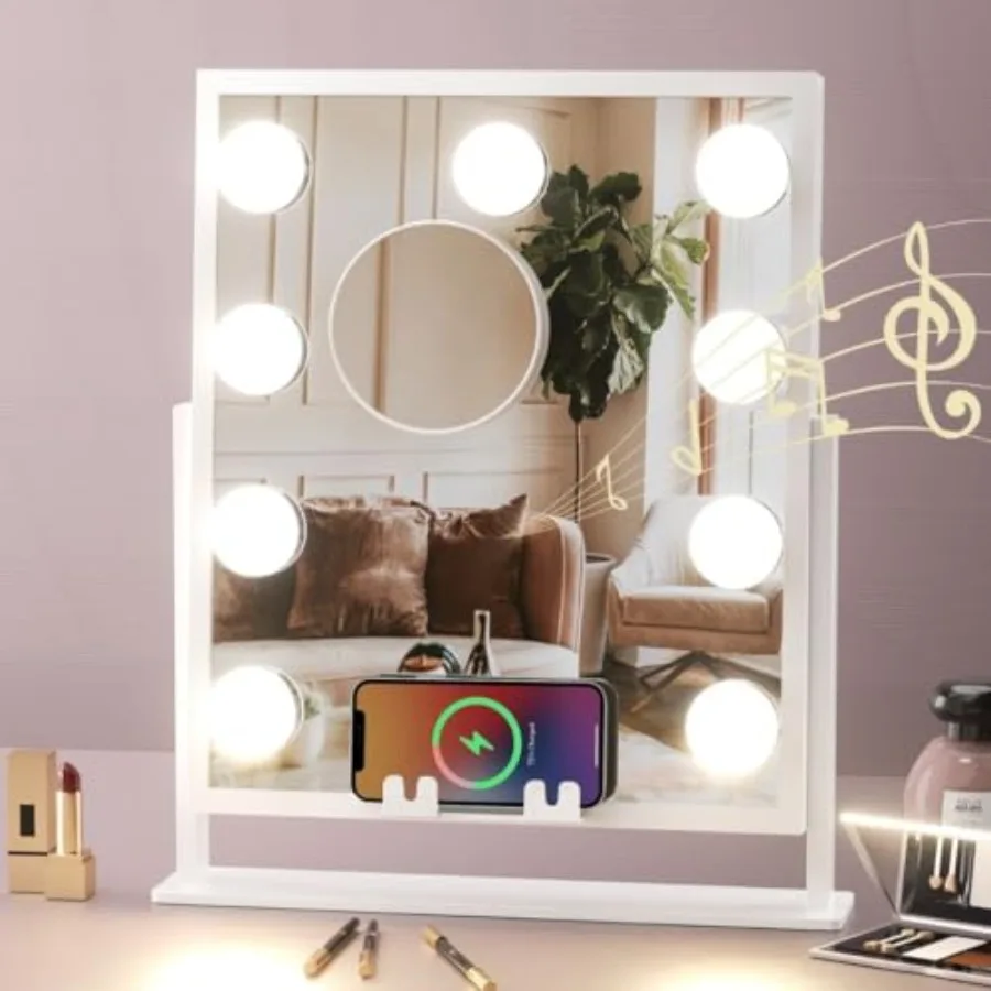 

Vanity Mirror with Lights, BT Speaker, Wireless Charging - Detachable 10X Magnifying Mirror, 9 Hollywood Bulbs, LED Lighted Mak