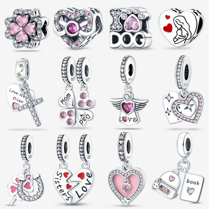 Hot selling silver 925 zircon powder heart-shaped sister pendant suitable for brand 925 bracelet original jewelry plate