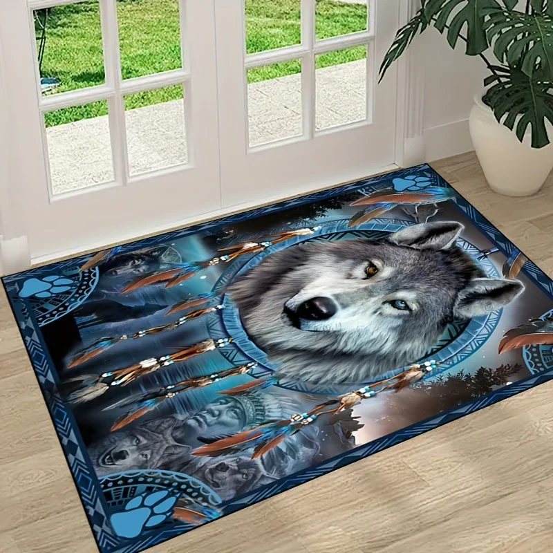 Wolf Feather Tribal Design Entrance Mat Doormat for Bathroom or Hallway Rustic Woodland Style Home Decor Rug