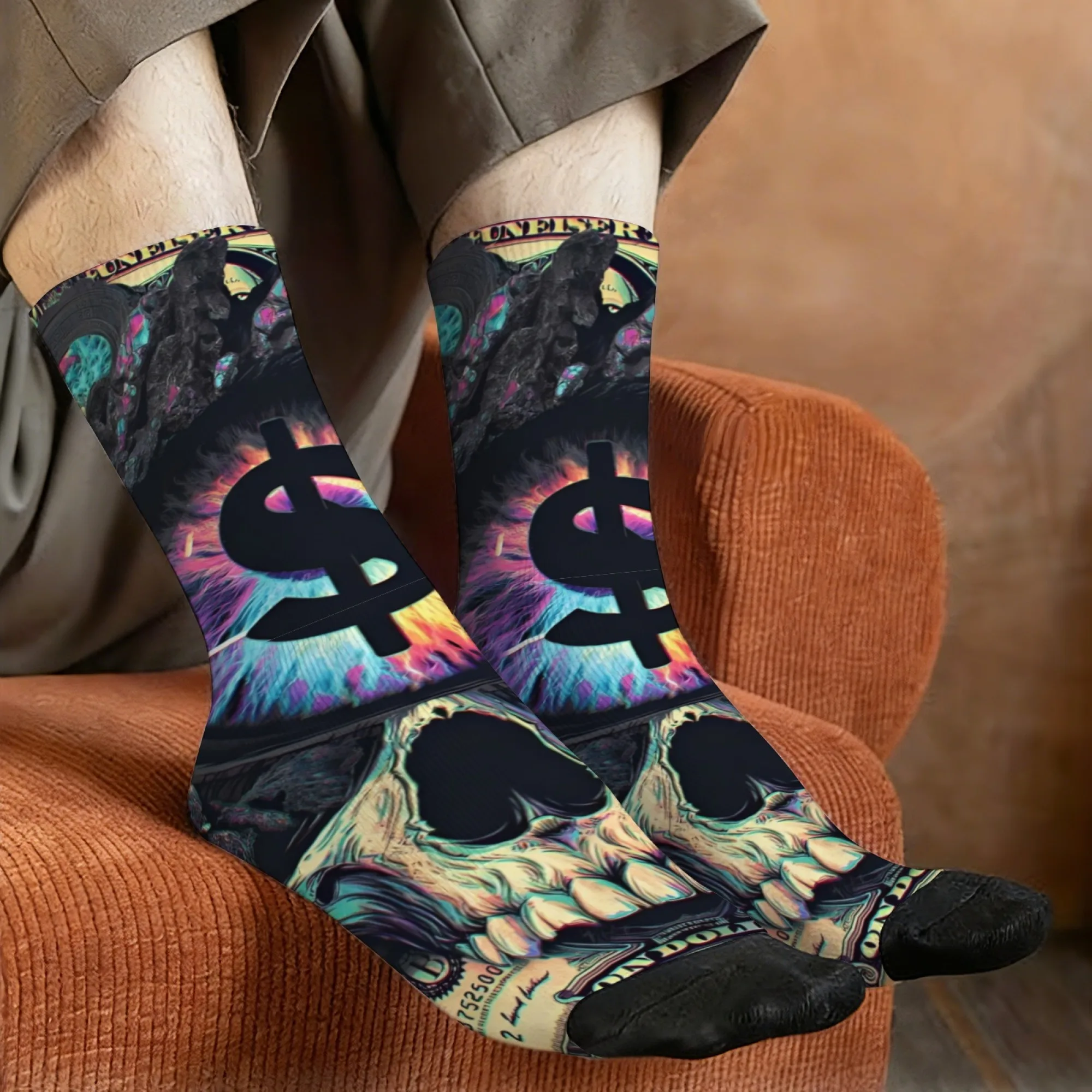 

Новинка: золотистые носки до середины икры с принтом в виде черепа, удобные, дышащие, нескользящие, повседневные носки, забавные подарки для необычных вечеринок.