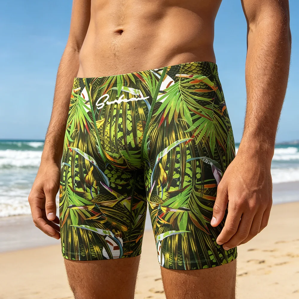 Men's Underwear Swimwear Palm Print Trunks 3/4 Length Long Boxer Swimming Suits for Male Beach Panties Ropa Interior Hombre