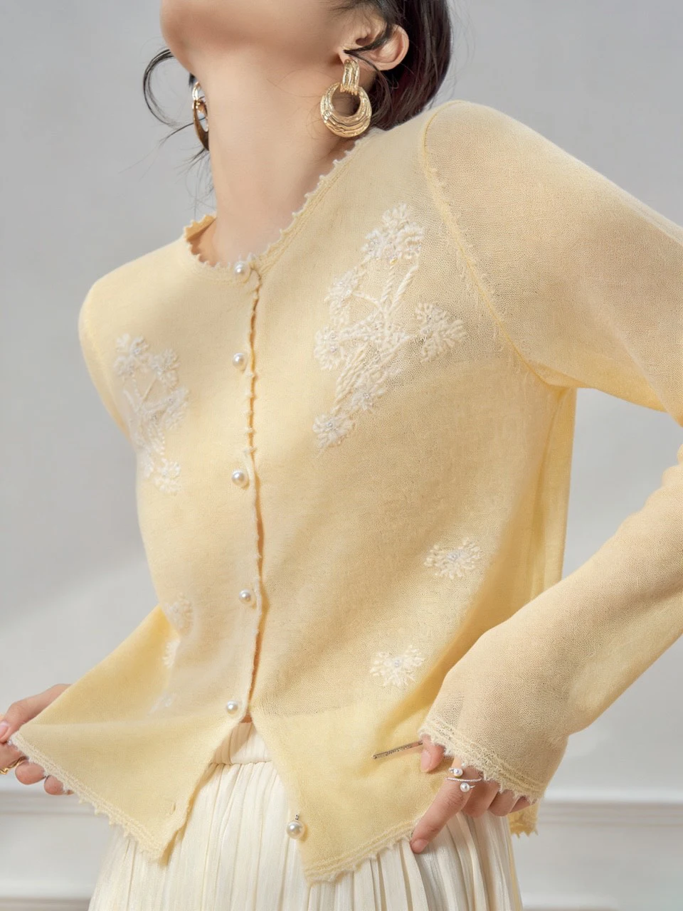 

Spring 2026 New Women's Yellow round Neck Embroidered Pearl Button Long Sleeve Thin Knitted Top Unique Beautiful Knitwear