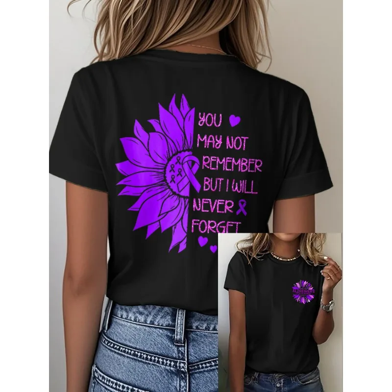 New Arrival Women's Fight Alzheimer's Awareness Print T-Shirts Summer Round Neck Casual Tops Tees