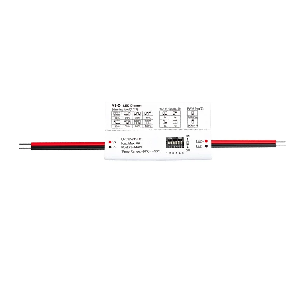 1CH*6A 12V-24VDC Constant Voltage Mini Dimmer Controller V1-D t PWM Frequency Via Dip Switch FOR Single Color LED Strip Lights