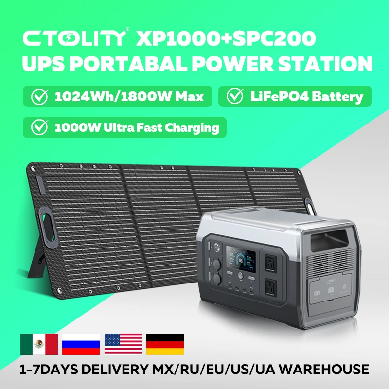 

CTOLITY 1024wh Солнечный генератор 1600 Вт Кемпинг Lifepo4 Батарея Открытая электрическая солнечная зарядная станция 200 Вт 20 В Etfe Солнечная панель R