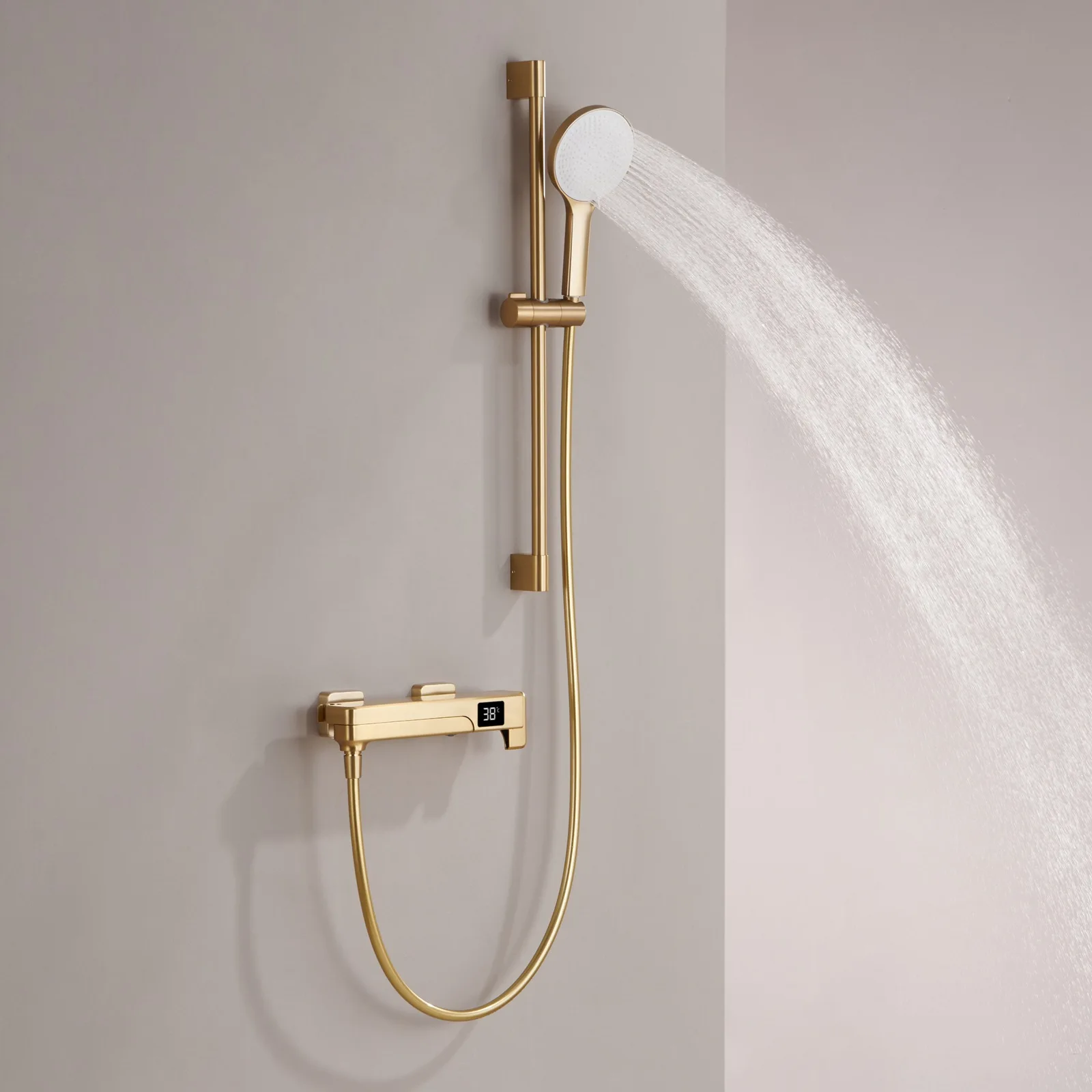 Brushed Gold Uncoated Brass Slide Bar Shower Faucet Set Wall Mounted Shower System