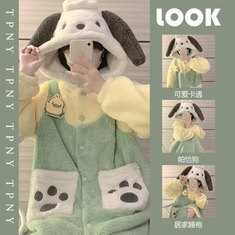 

Pochacco милая пижама из кораллового флиса женская зимняя одежда для сна с героями мультфильмов плотное домашнее платье для сна домашняя одежда для девочек Kawaii модная ночная рубашка