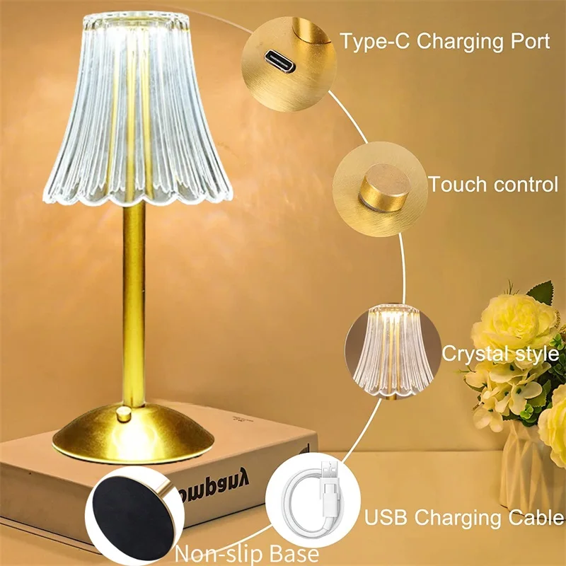 Lampada da tavolo in cristallo Touch 3 colori dimmerabile luce notturna lampada da tavolo con ricarica USB Clear Diamond Bar Decor per ristorante/Hotel/casa