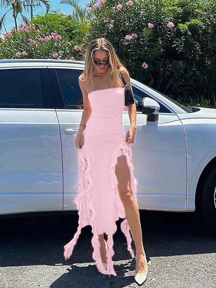 فستان نسائي جديد لربيع وصيف 2024 على الموضة الأوروبية والأمريكية بكتف واحد حمالة صدر ملفوفة على الورك بقصة ضيقة غير منتظمة