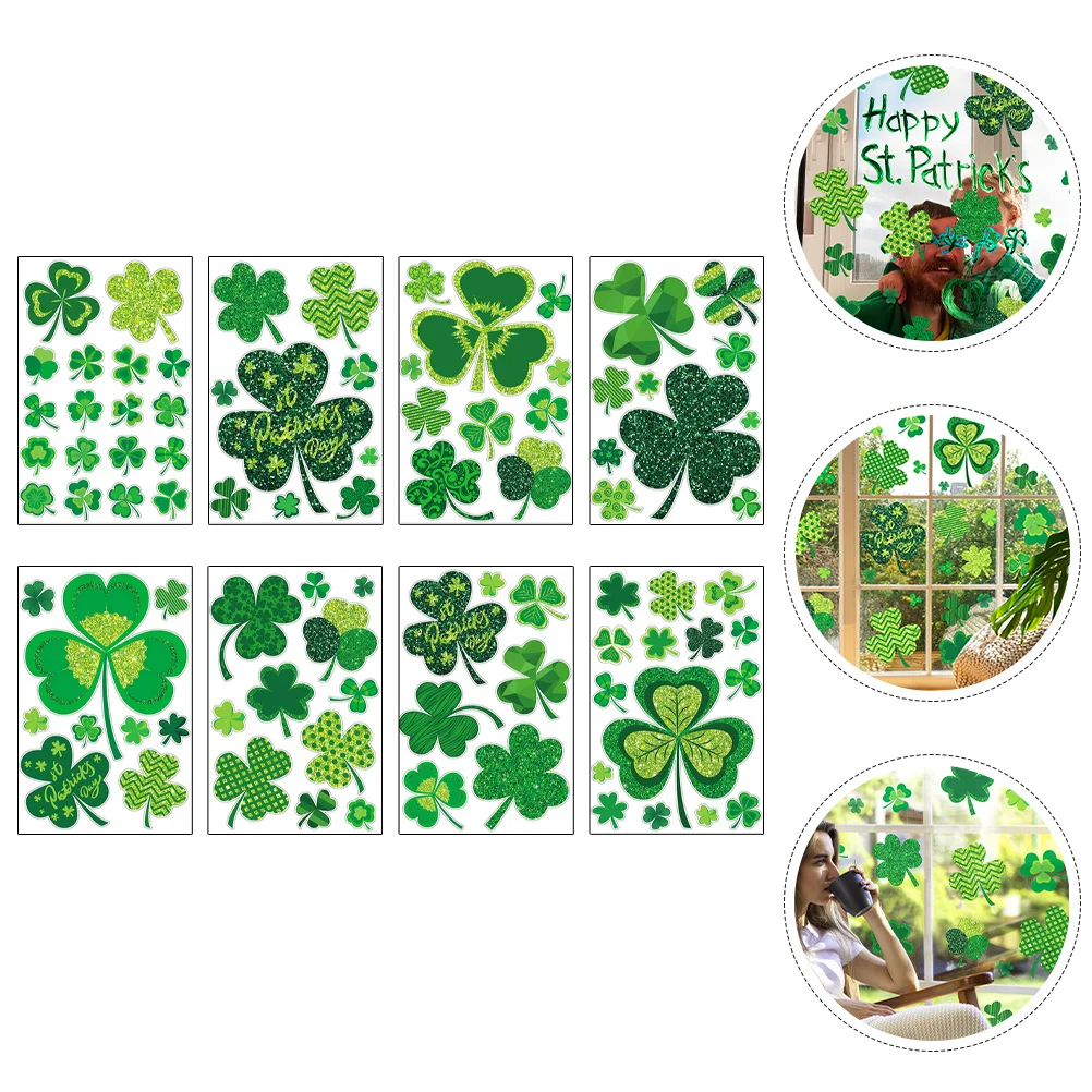 

8 Sheets Shamrock Window Static Stickers PVC Reusable Easy Remove Party Indoor Festival Decor St Patricks Day Glass Cling Decals