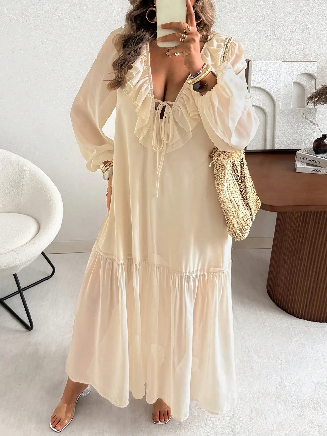 

Женское свободное шифоновое длинное платье с рюшами, V-образным вырезом и рукавами-фонариками в богемном стиле