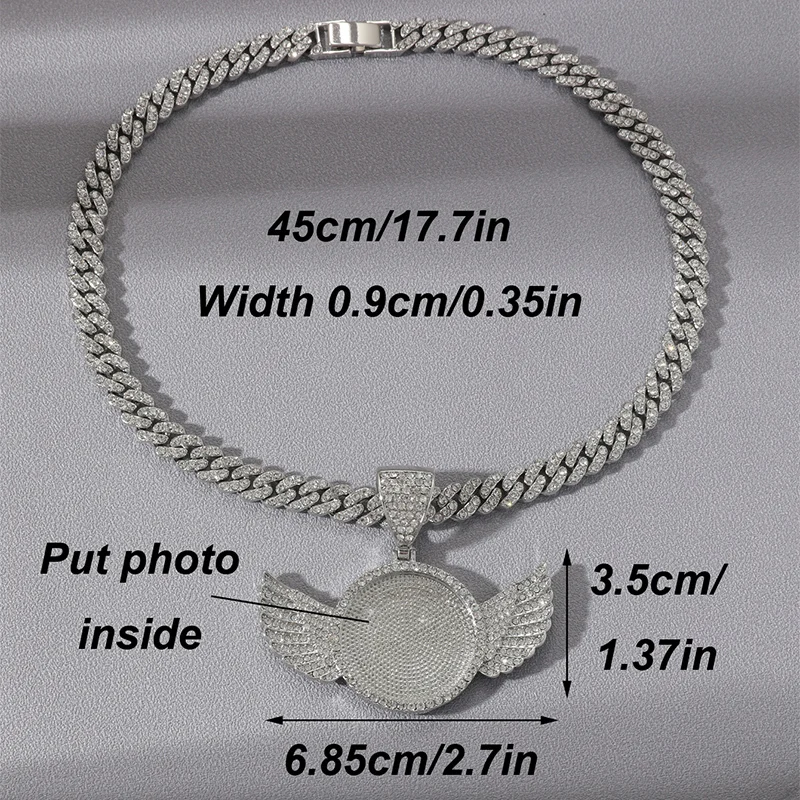 Picture Necklace Personalized for Men Women, CZ Angel Wings Customized Photo Memory Pendant Chain 18 Inches,Hip Hop Jewelry