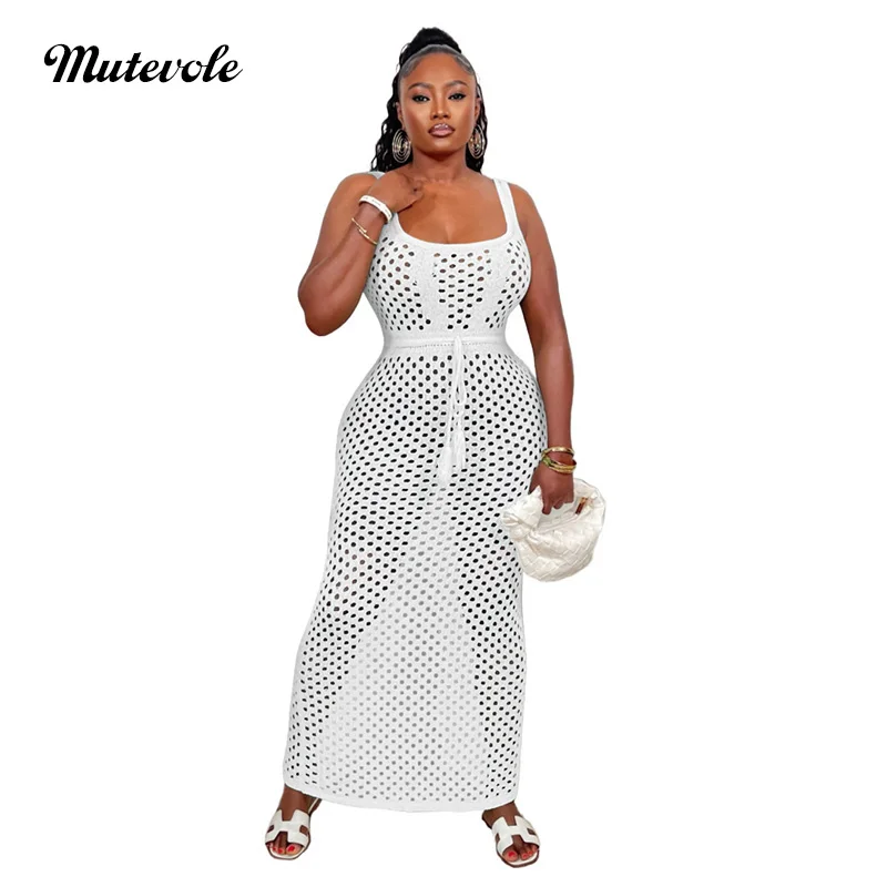 Mutevole Women Summer Beach copricostume lungo lavorato a maglia Sexy Back Split Bandage Crochet Sundress