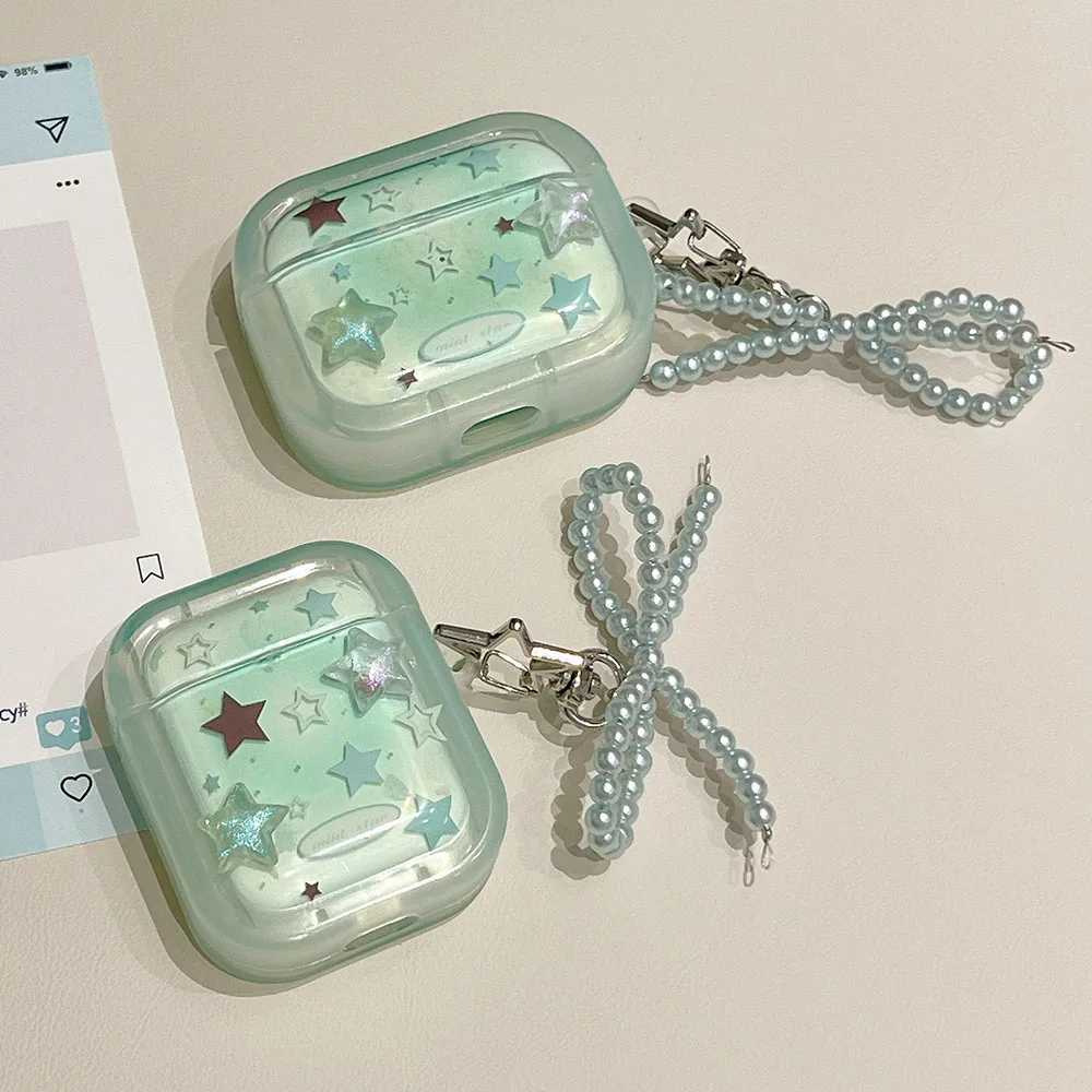 Green Stars Case with Pearl Bow Keychain For Apple AirPods 1 2 3 4 Pro 2 Bluetooth Earphone Cover funda For AirPods2 AirPod Pro2