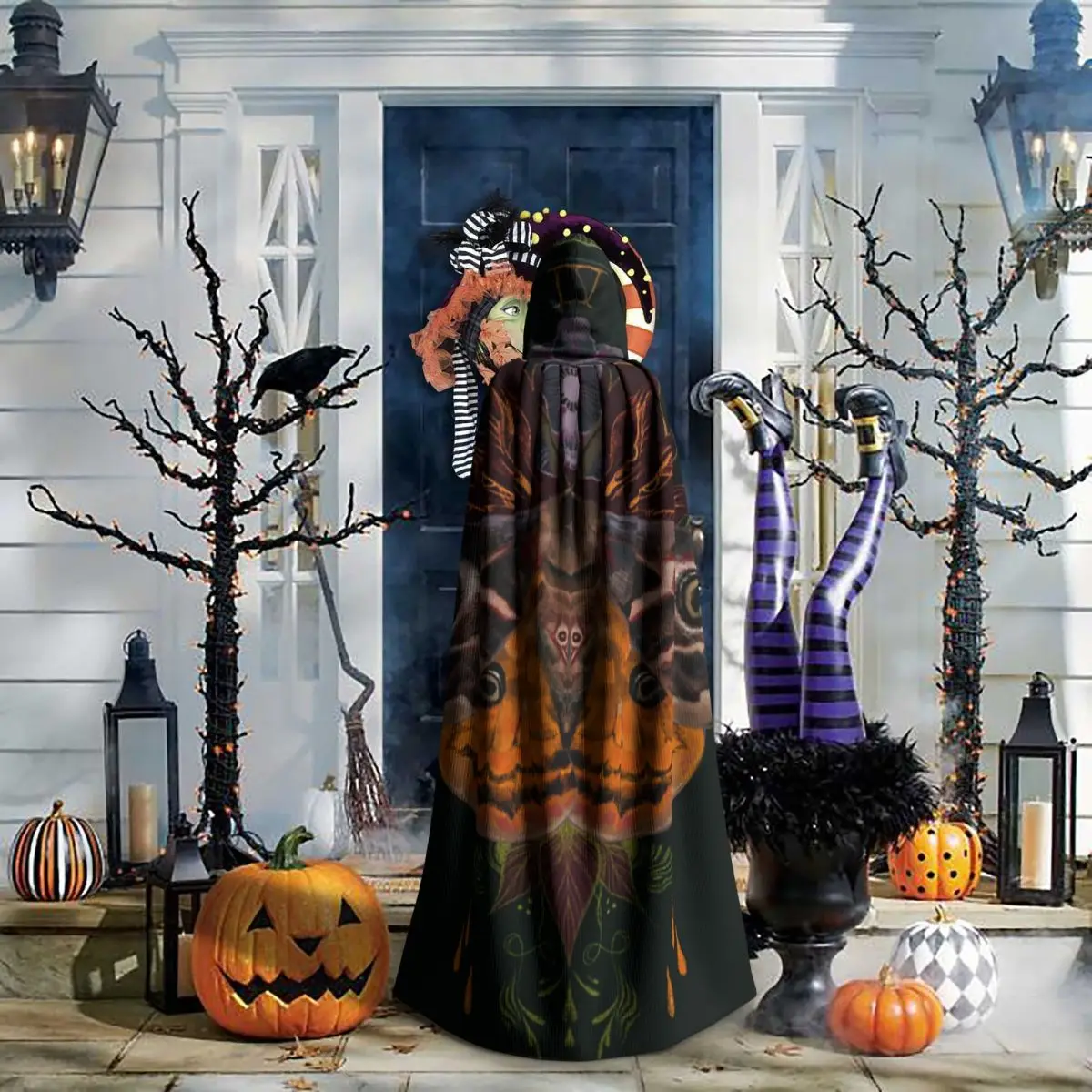 أجنحة العثة عباءة طويلة مقنعين الساحرة القرون الوسطى زي تأثيري كيب هالوين معطف الكبار للجنسين