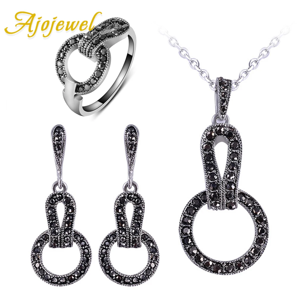 Ajojewel Vintage Jewelry Sets Earrings Round Circle Pendant Necklace Ring With Black Rhinestones Fashion Gifts