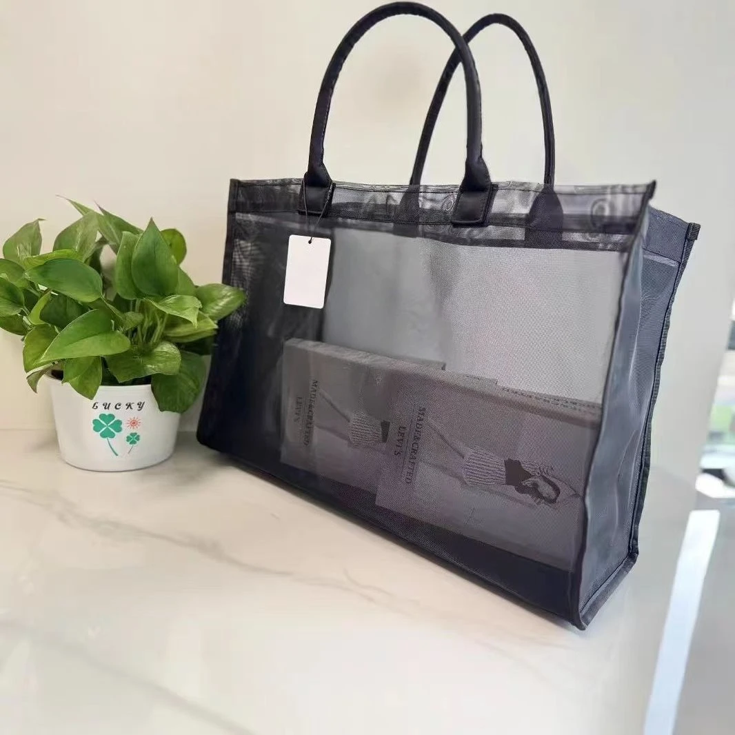 

Brand fashion transparent mesh portable yoga fitness bag large pocket fast dry mesh beach mesh large capacity shoulder bag