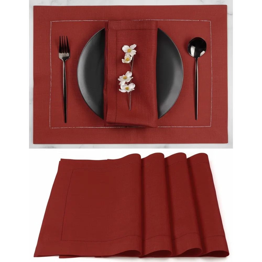 

Red Linen Placemats Set of 4 - Hemstitch Design 14x19 Inch - Machine Washable for Holidays & Everyday Dining