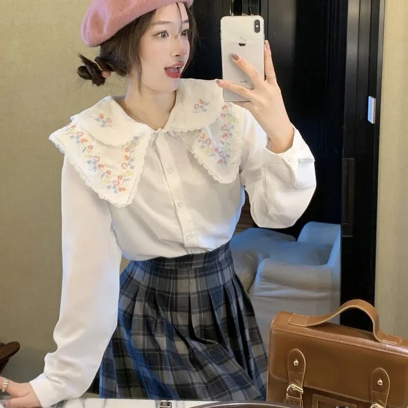 

Forest Style Girl's Fresh Lace Doll Collar Double Layered Embroidered Long Sleeved Shirt For Women's Autumn Base White Shirt