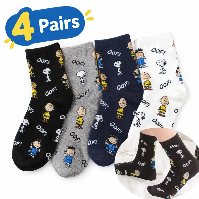 4 Paar Snoopy Crew-Socken für Damen und Herren, aus Baumwolle, mit Rundhalsausschnitt, für Frühling und Herbst, atmungsaktiv, geruchsneutral, schweißabsorbierend, für Erwachsene.