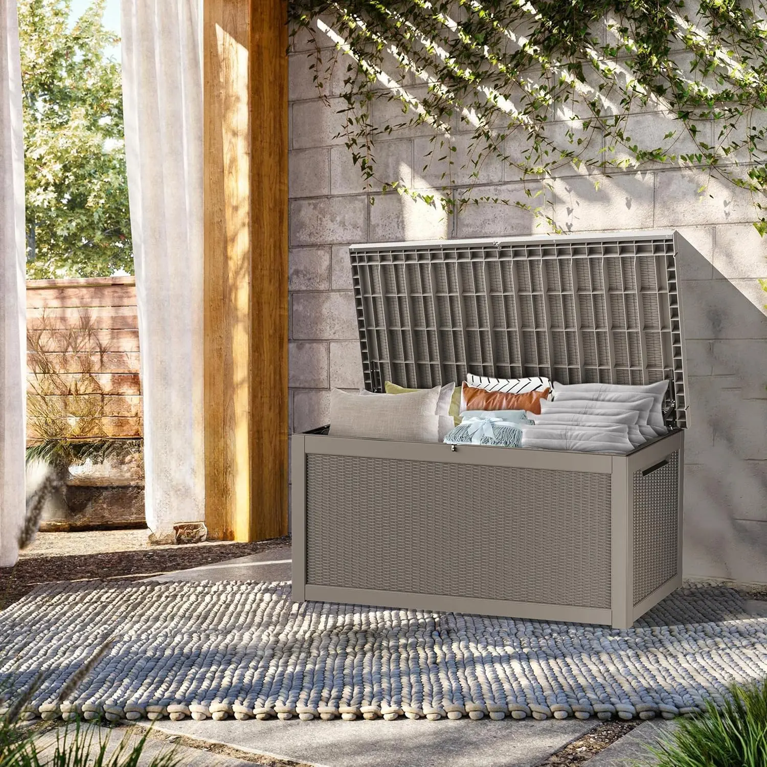 330 Gallon Outdoor Storage Box Waterproof, Resin Deck Boxes with Lockable Lid & UV-Resistant for Patio, Pool