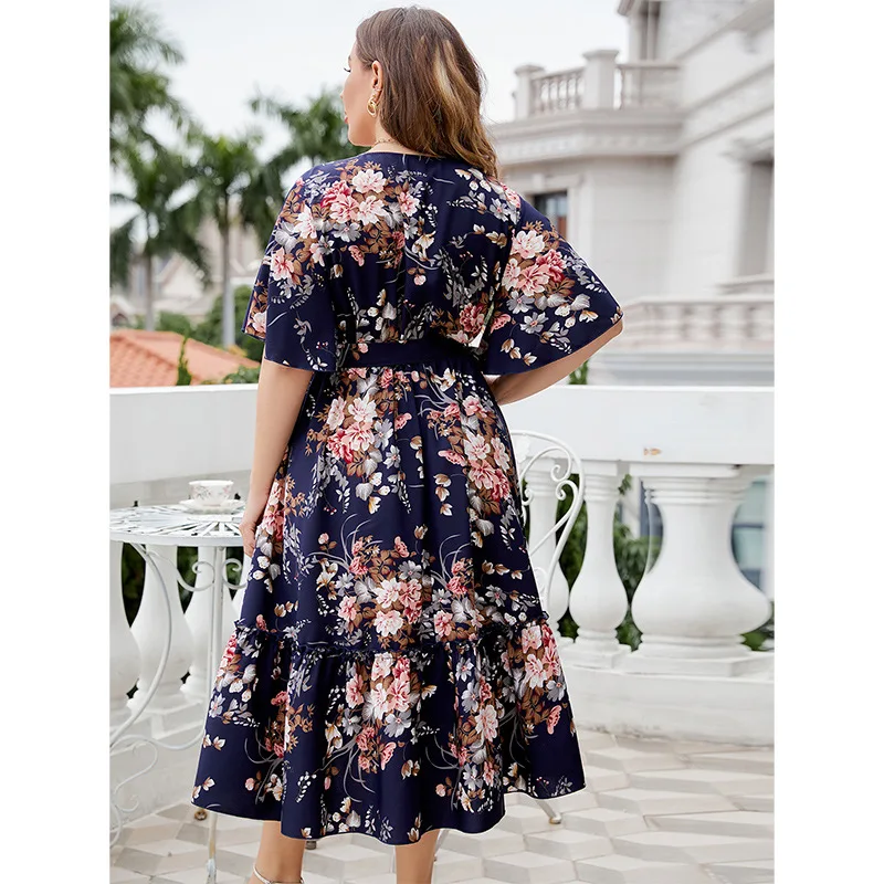 Plus Size Independently developed European and American foreign trade popular summer V-neck navy blue printed large size dress