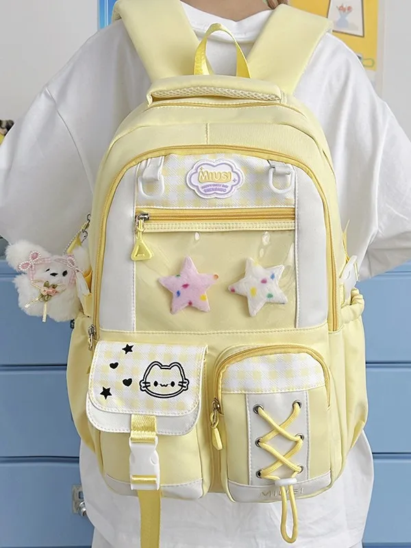 New Japanese Cute Backpack For Women Fresh Color Block Multi Pocket Large Capacity Middle High School Student Casual School Bag