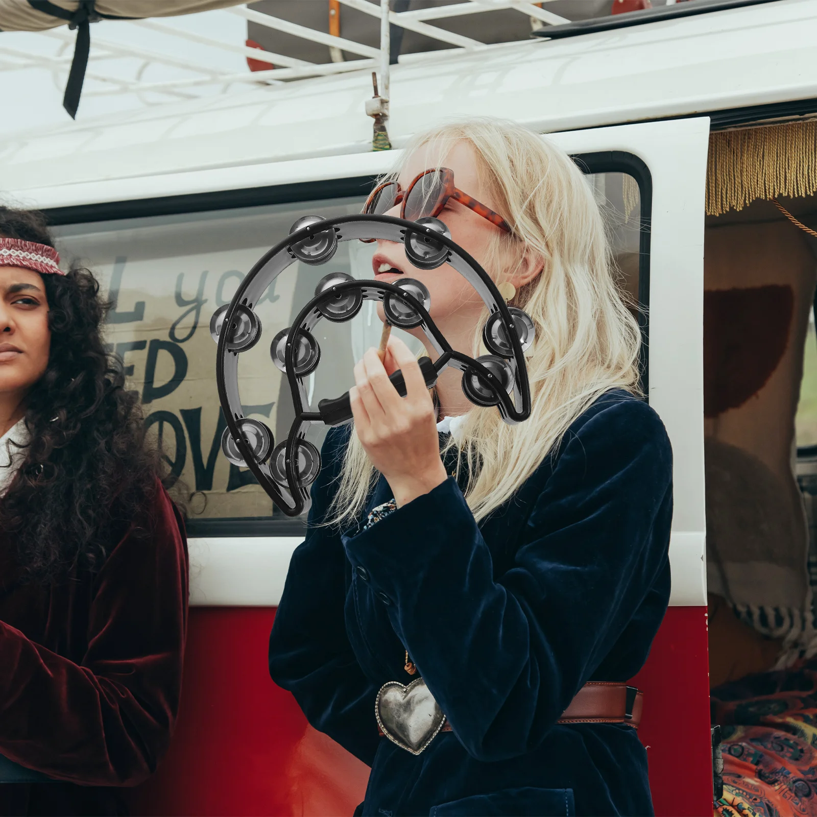 

Music Tambourine Double Row Half Moon 40 Metal Jingles Rubber Handle Handheld Percussion Instrument for Concert Classroom Party