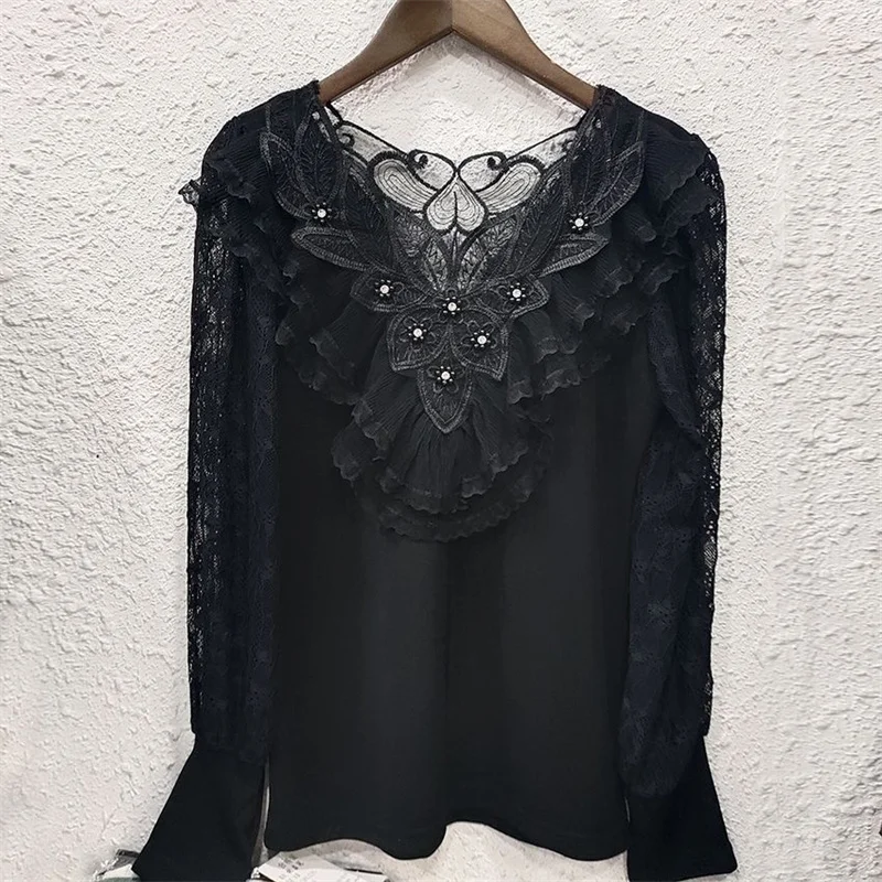 Lace Flounced Flower Stitching Beautiful Back Short Sleeve Thin T-Shirt Fashion Cover Meat Blouse Half Sleeve/Long Sleeve