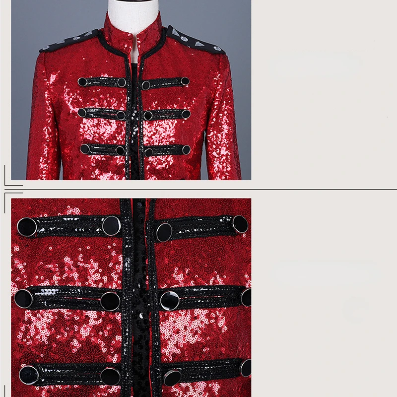 Men\'s Red Sequin Steampunk Military Jacket Double Breasted Punk Gothic Parade Suit Jacket Men Party Singer Show Prom Costume